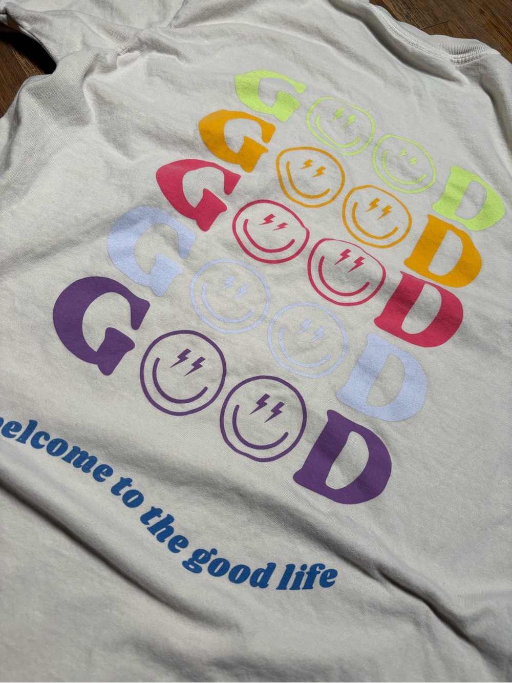 Women’s Graphic Tee - Multicolor 'GOOD' Smiley Print